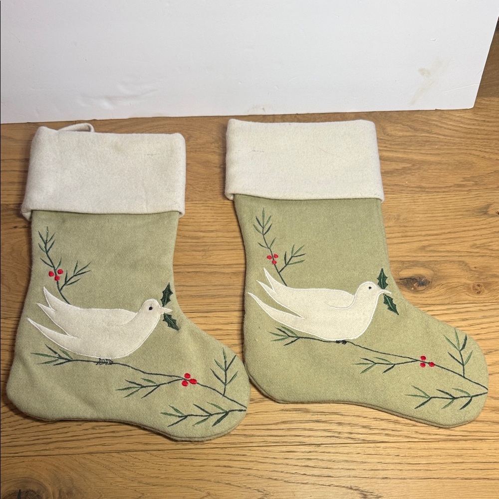 Two Elegant Dove Christmas Stockings - Cream and Tan
